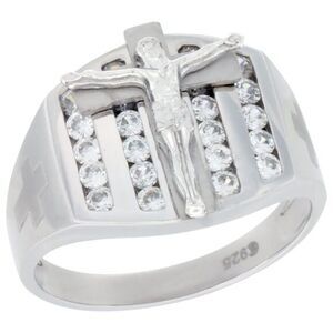 Mens Sterling Silver Crucifix Ring Cubic Zirconia Stone Accents 19/32 inch